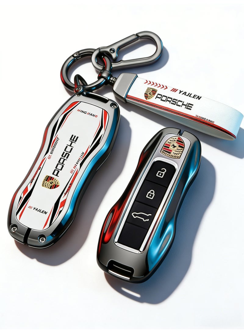 ماك جاباجز Suitable for Porsche Racing Style Metal Key Fob Case with Matching Keychain – White & Red (Please purchase according to your own key style) - Image 5